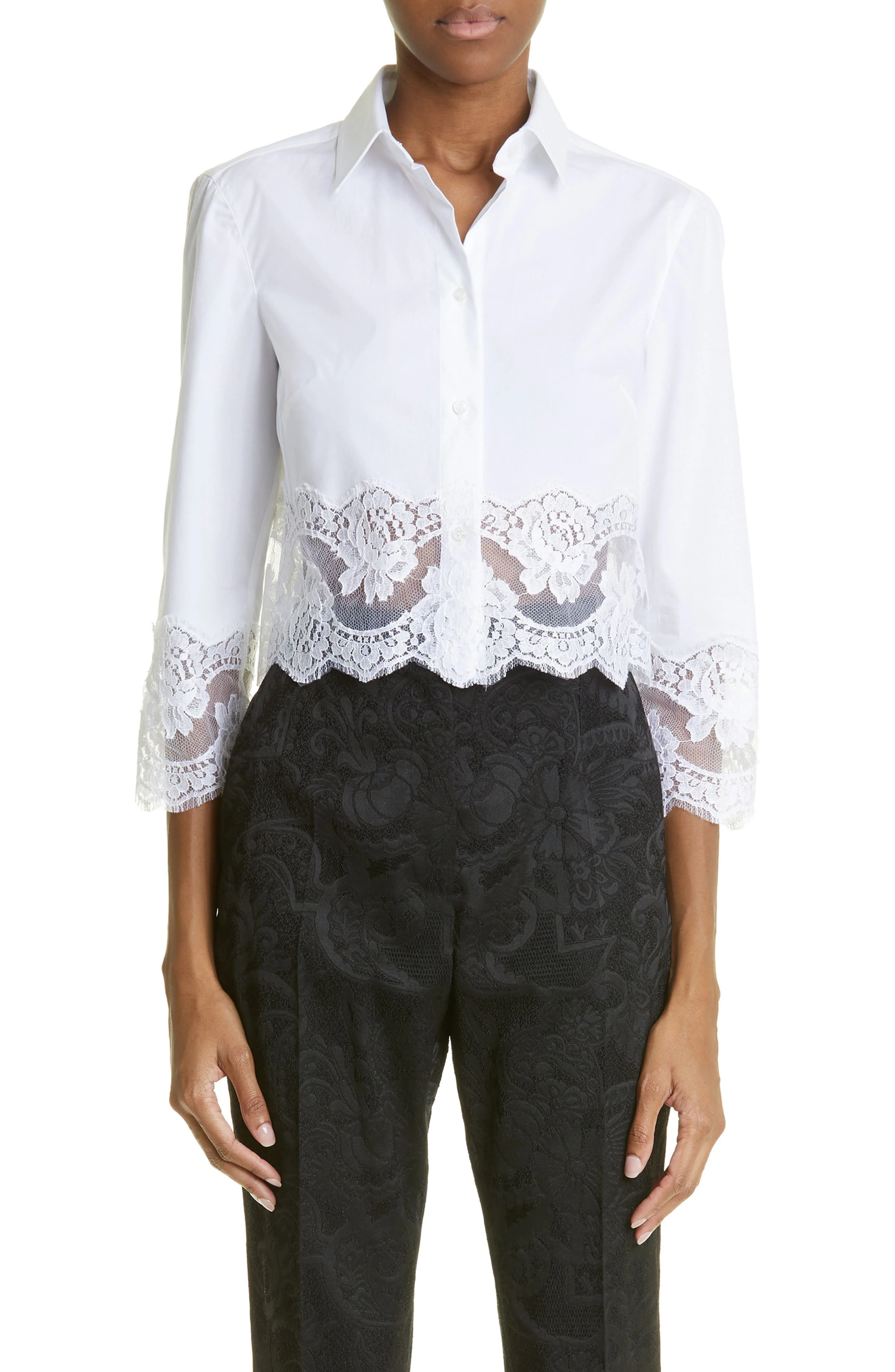 Dolce&Gabbana Button Up Floral Lace Crop Button-Up Shirt in Optic White at Nordstrom - 1