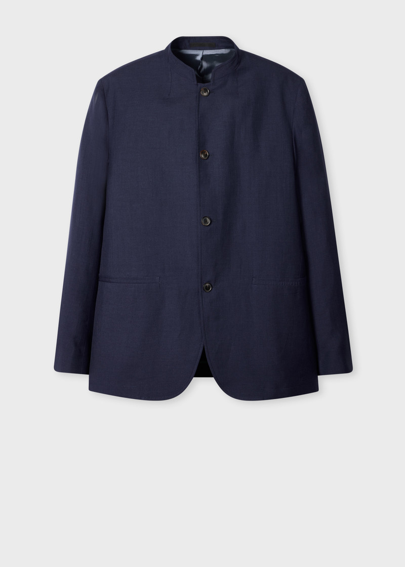 Navy Wool and Linen-Blend Collarless Jacket 1