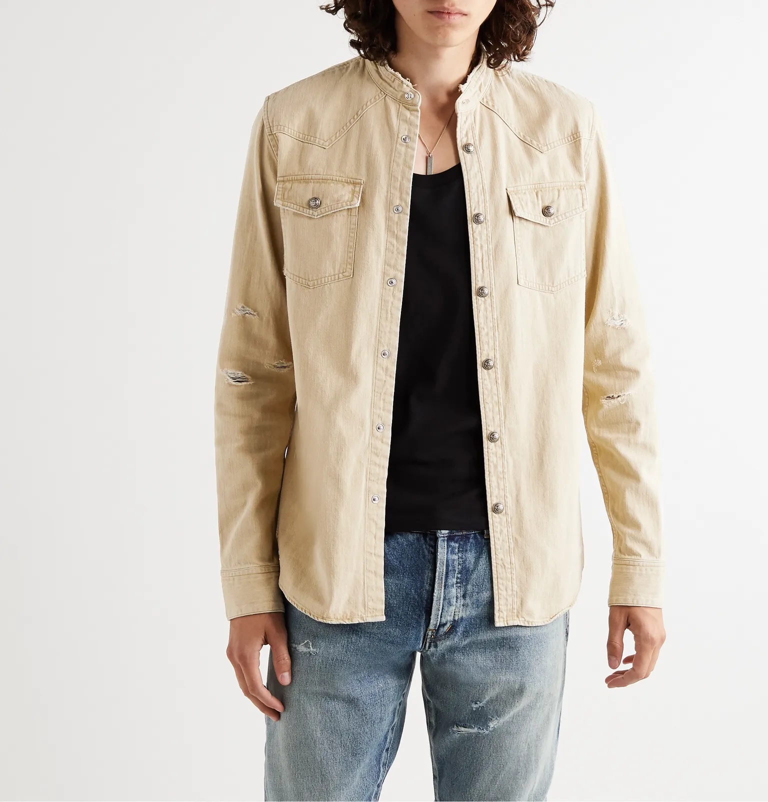 Logo-Embossed Distressed Denim Western Shirt - 4