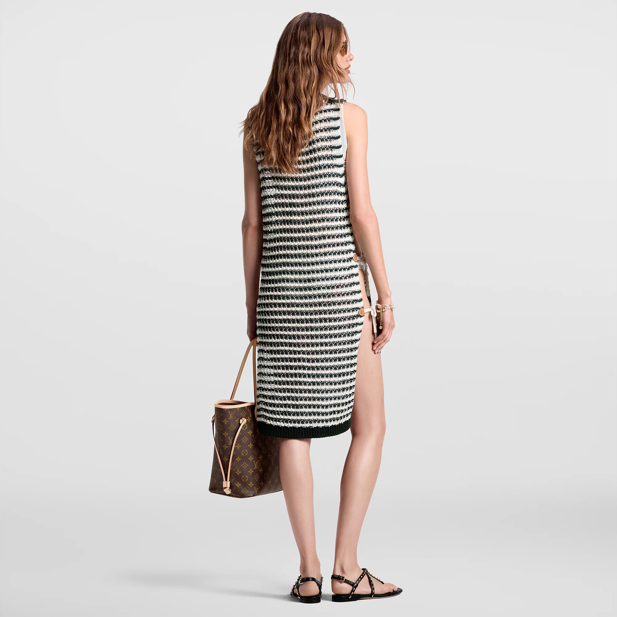 Striped Lace Knit Open Dress - 3