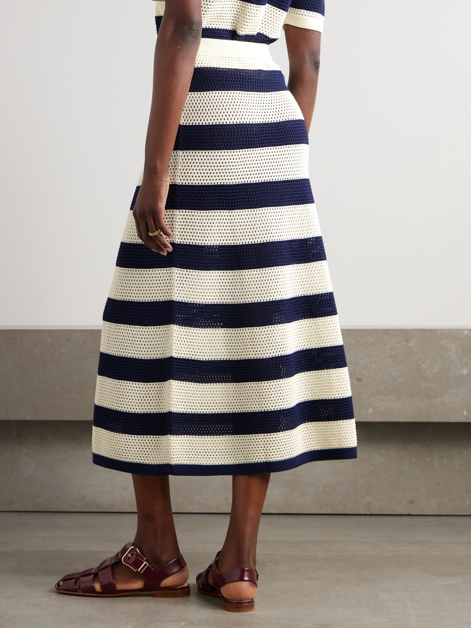 Bayadere Bateau striped open-knit cotton-blend midi skirt Blue - 4