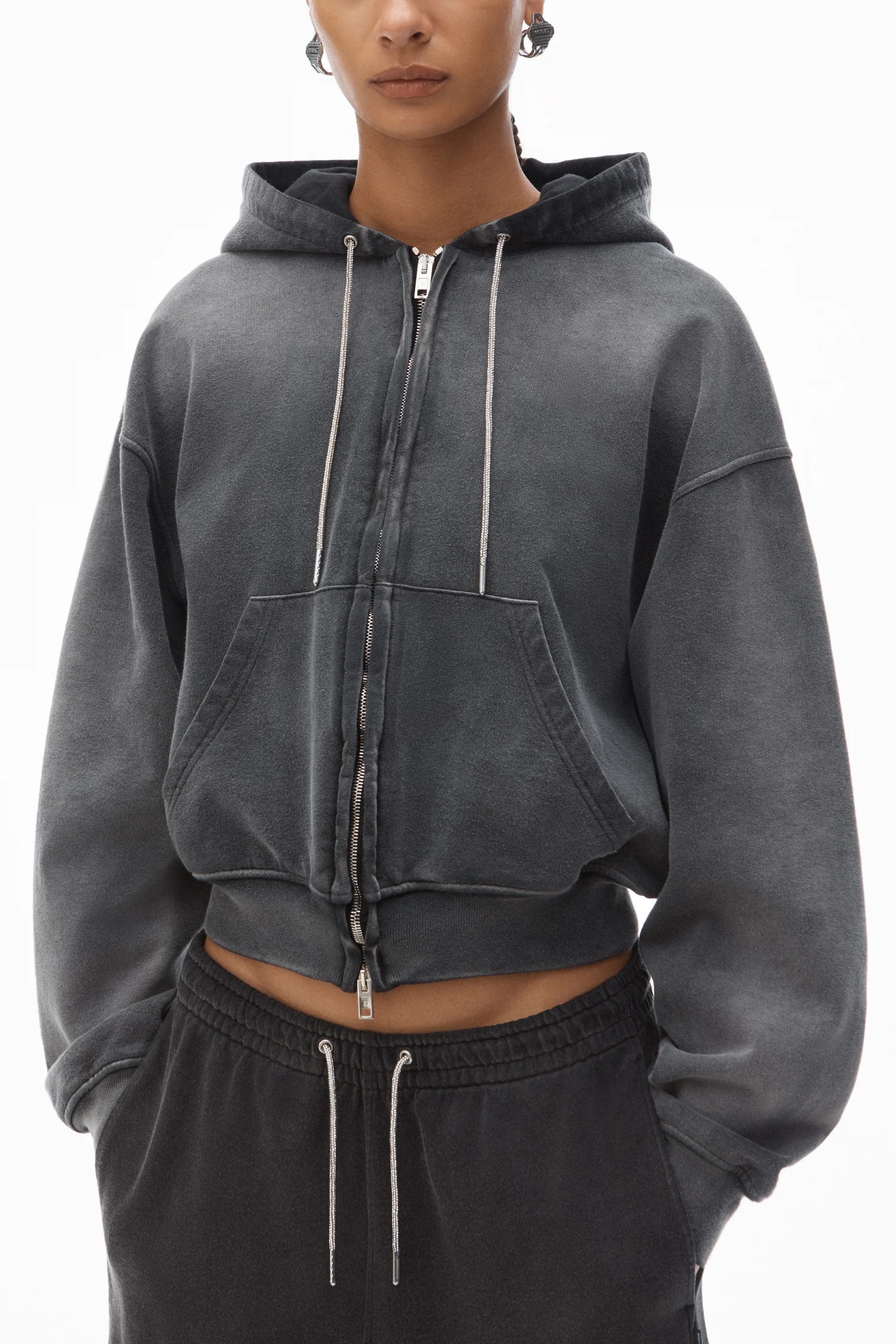 Alexander Wang Cropped Zip-Up Hoodie with Crystal Hotfix Drawcord