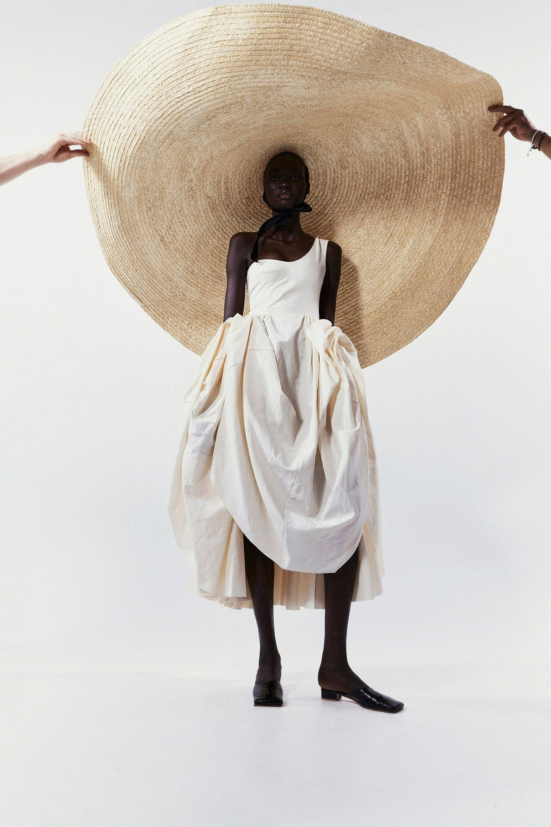 ASYMMETRIC OFF-SHOULDER DRESS WITH GATHERED DRAPED SKIRT ECRU 7