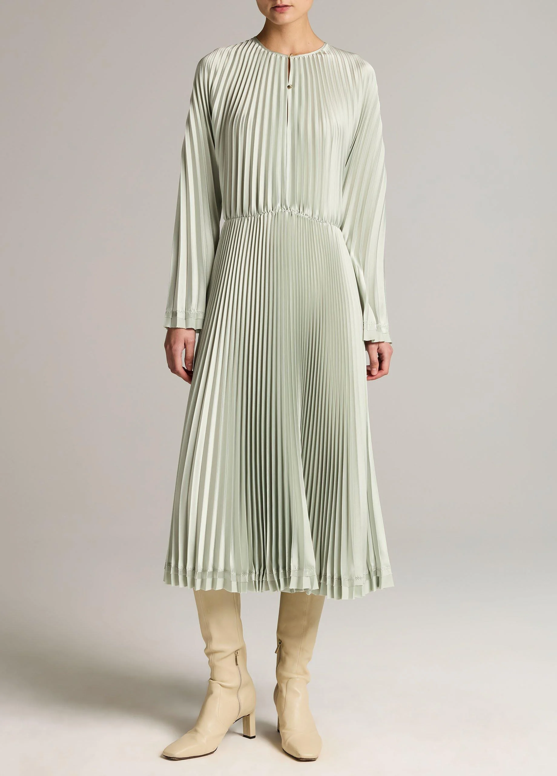 Contrast-Trim Pleated Satin Dress - 1