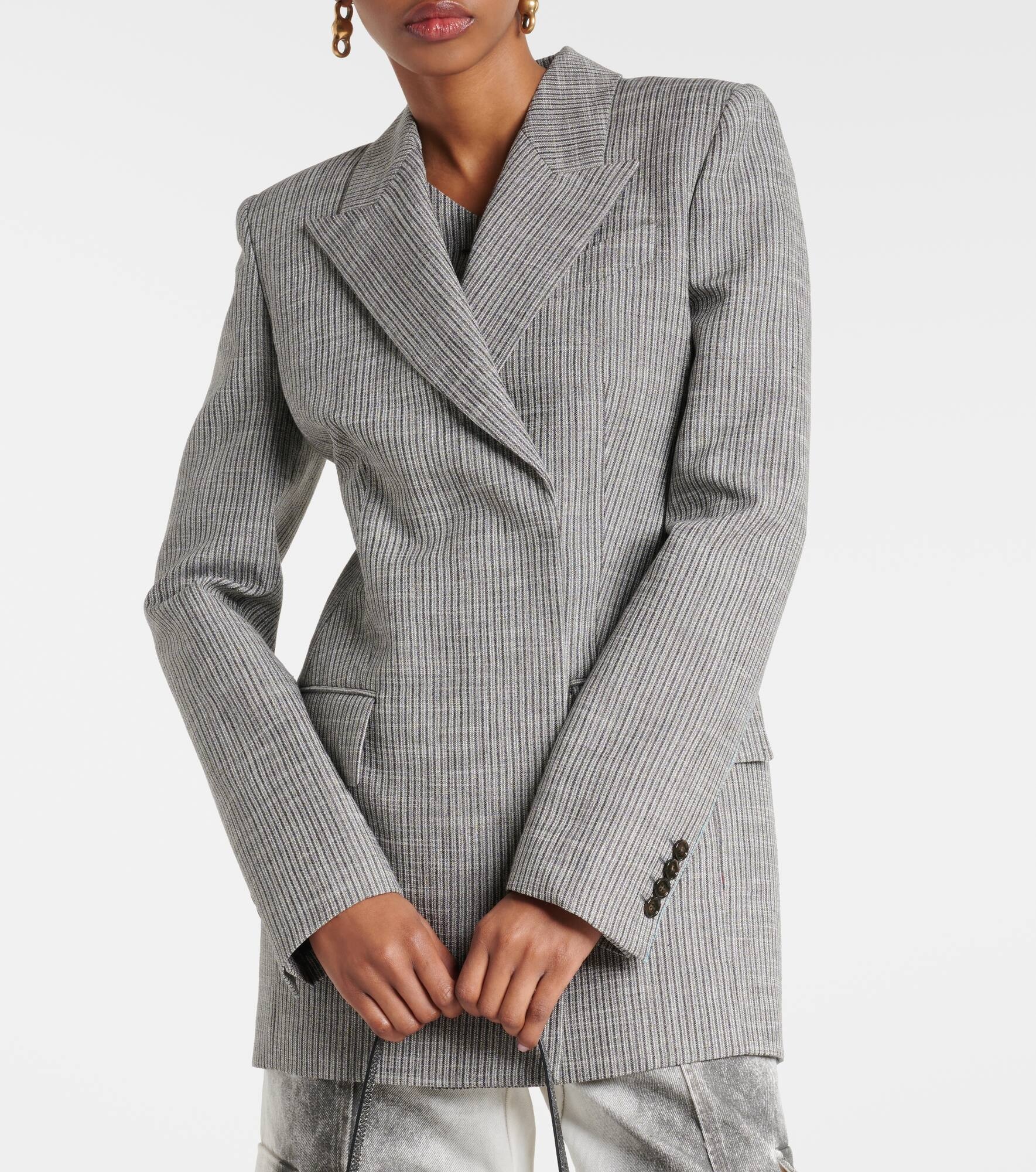 Pinstripe double-breasted linen-blend blazer - 6