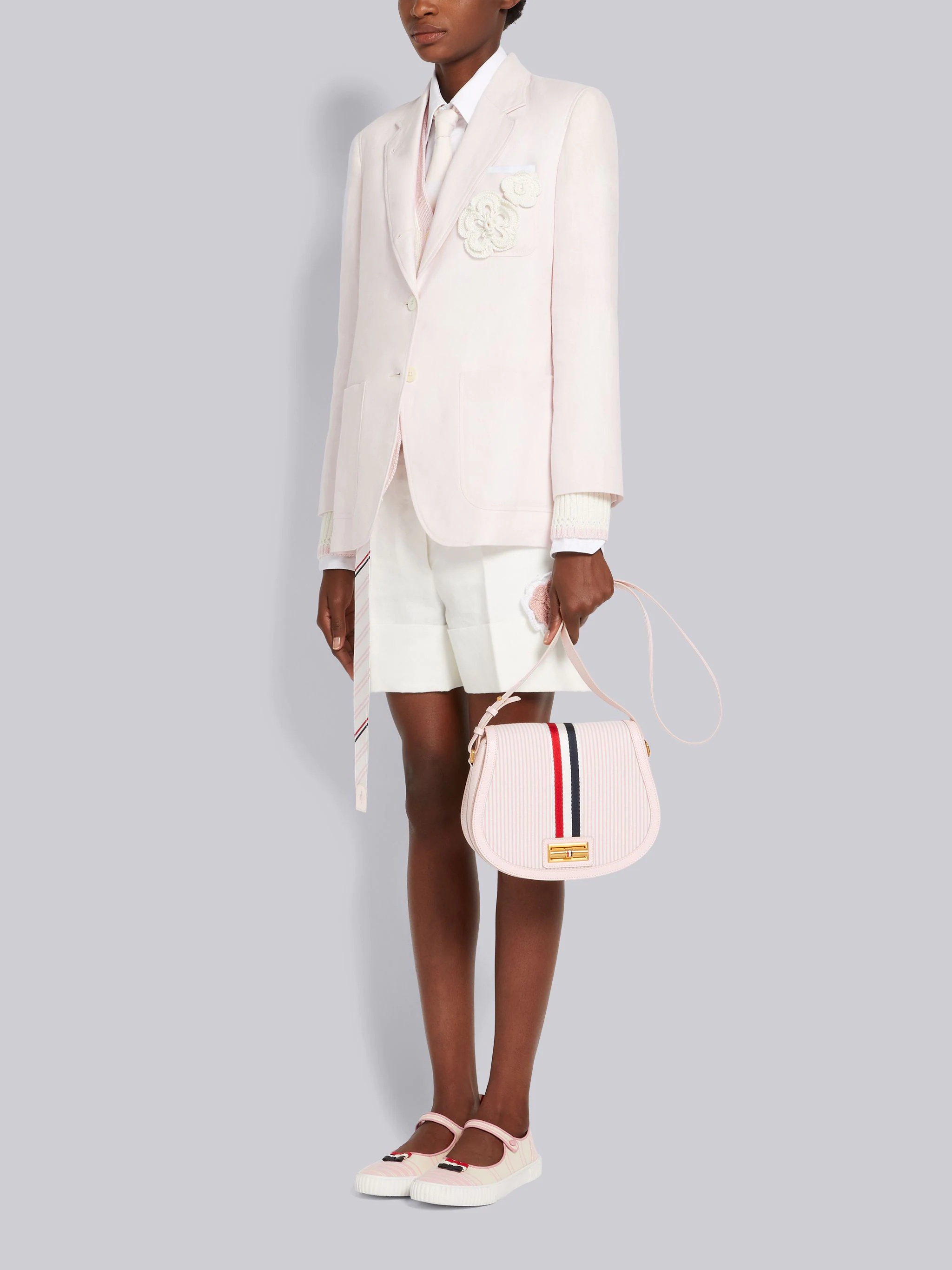 Light Pink Stripe Seersucker Webbing Enamel Lock Saddle Shoulder Bag - 6
