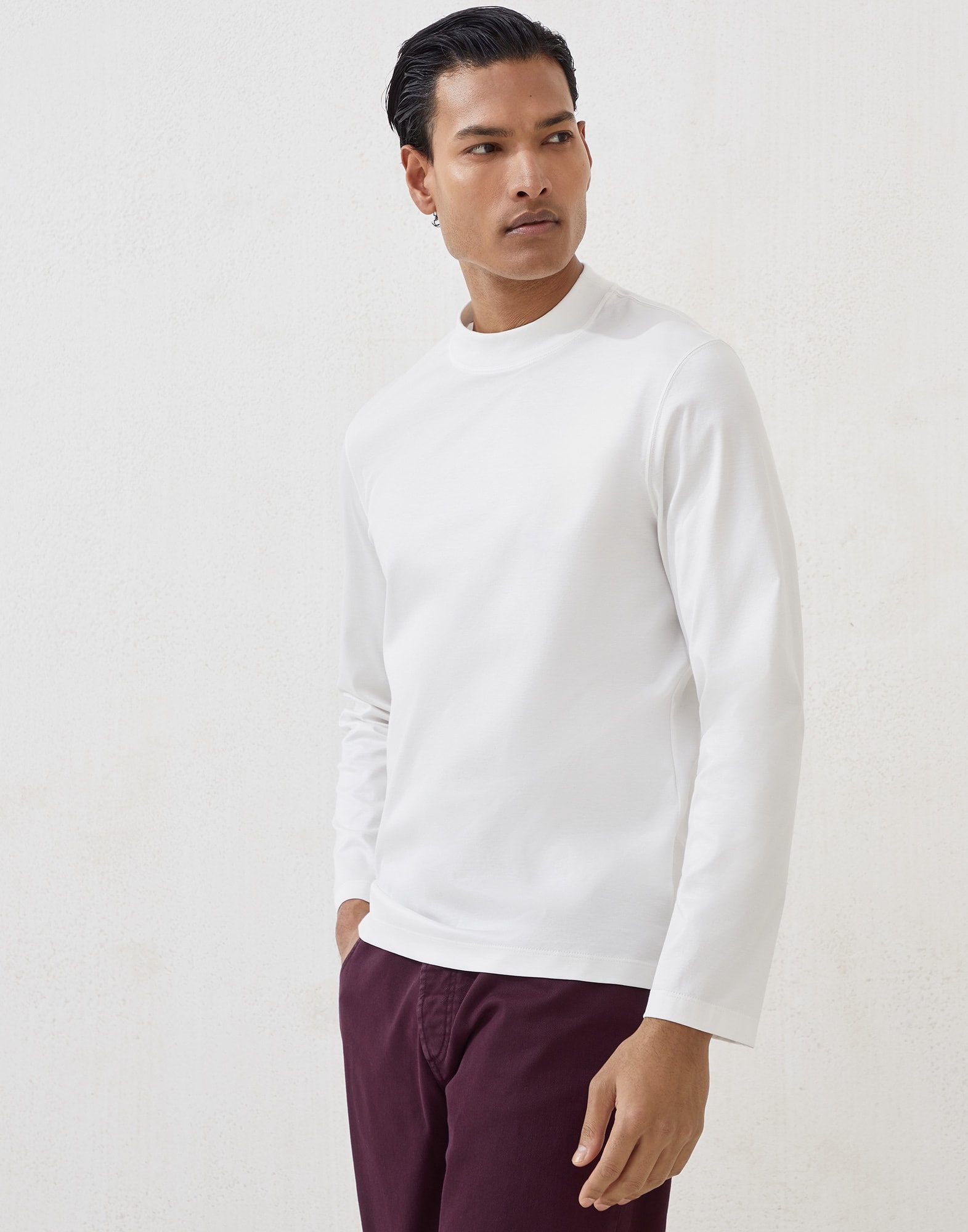 Cotton jersey mock neck long sleeve T-shirt - 1