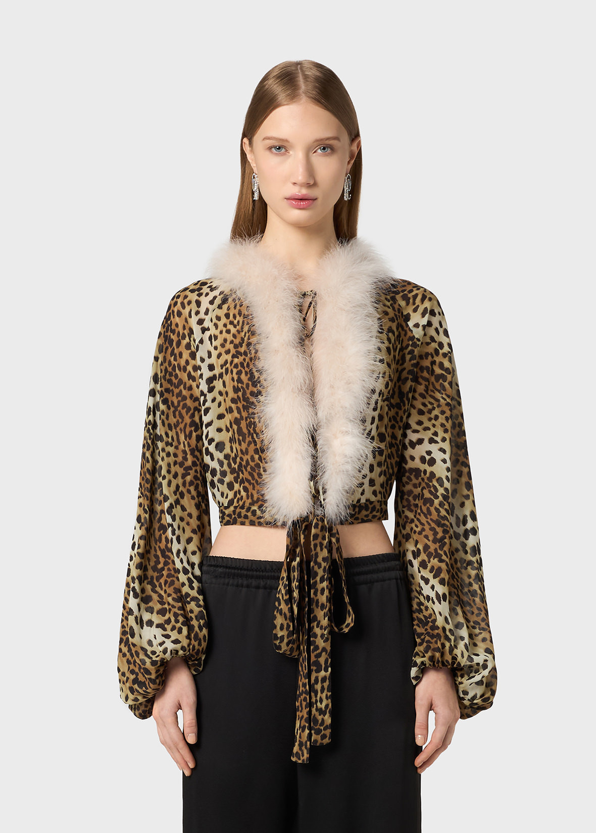 PRINTED GEORGETTE SHIRT WITH FEATHER-TRIMMED NECKLINE - 3