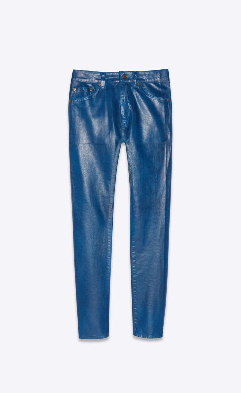 skinny jeans in shiny blue vinyl denim 1