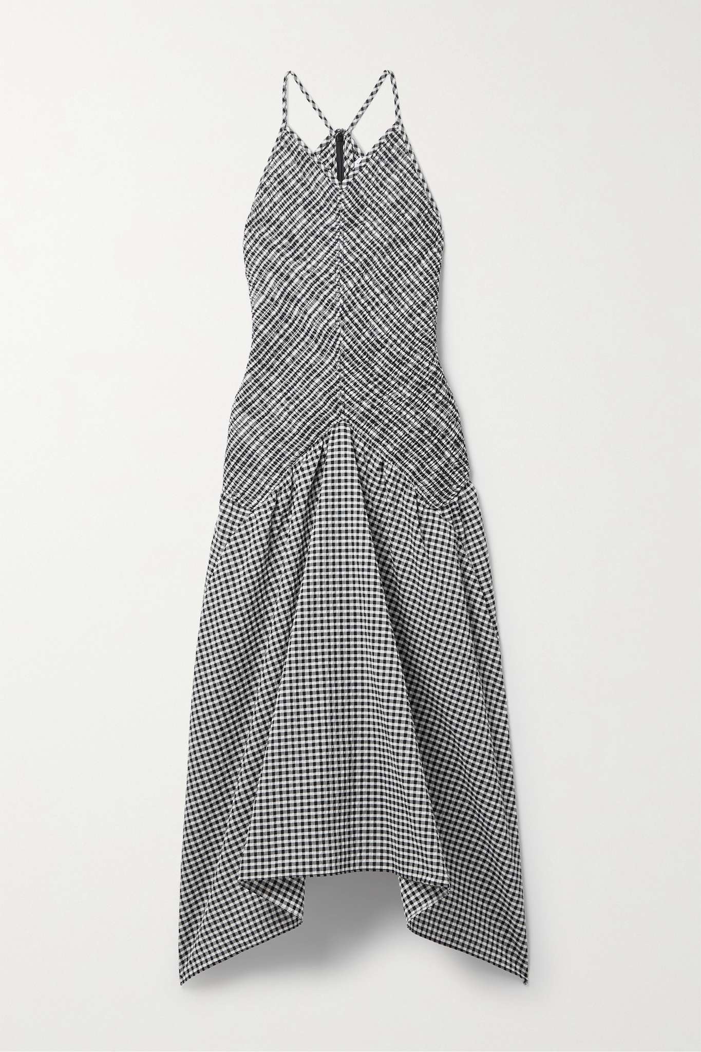 Asymmetric shirred gingham seersucker midi dress - 1