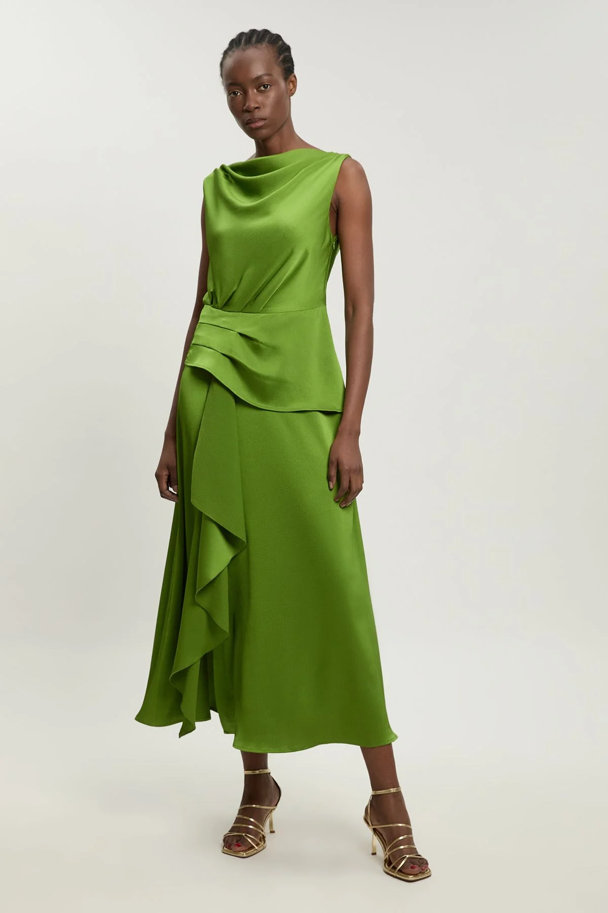 Textured Satin Ruffle Detail Sleeveless Midi Dress - 1