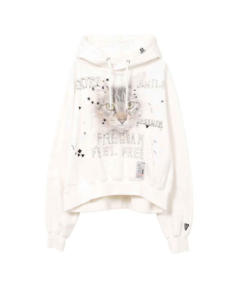 Cat Printed Embellished Distressed Hoodie 15
