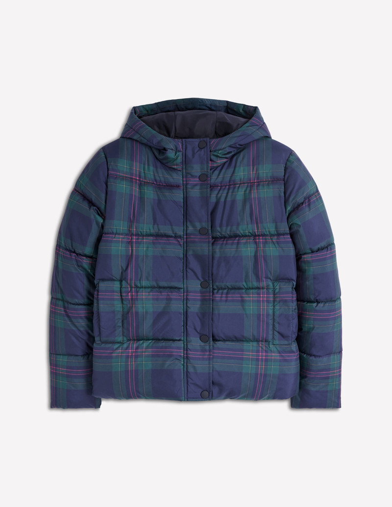 Padded Puffer Coat-Navy & Green Tonal Check 1