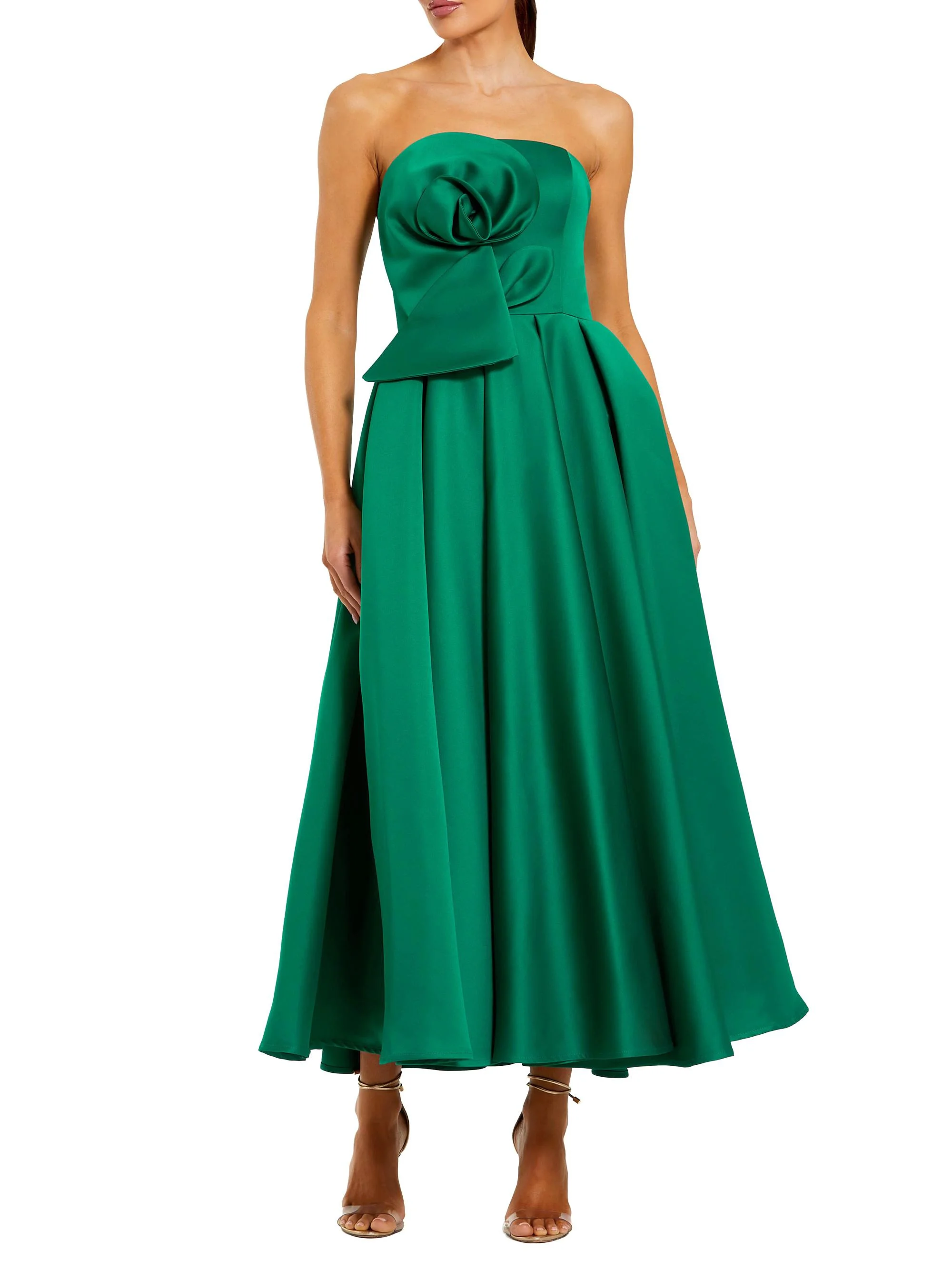 Women's Rosette Satin Strapless A-Line Midi-Dress - Emerald - 1