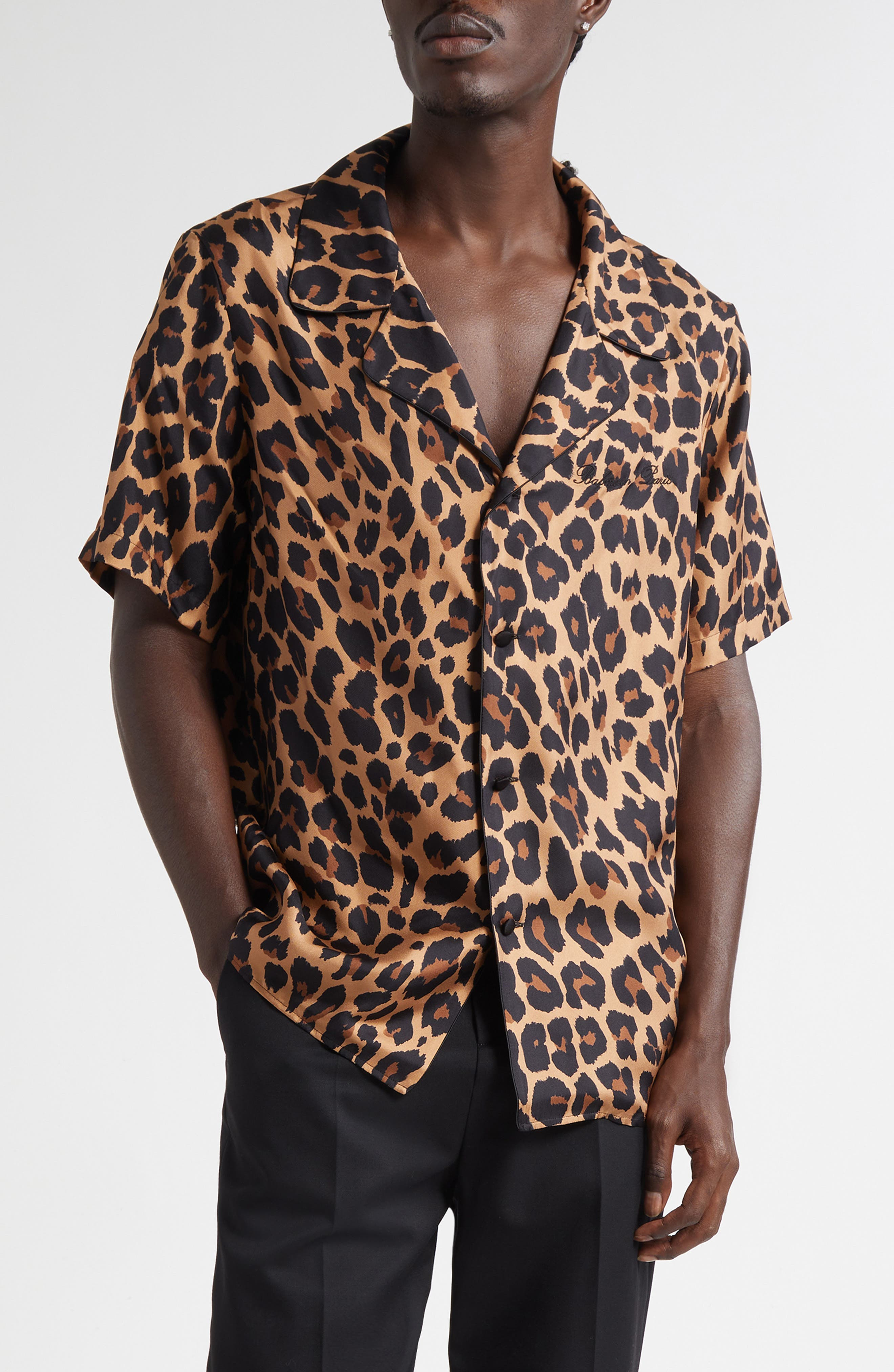 Balmain Leopard Print Silk Button-Up Pyjama Shirt in Gba Beige/Black at Nordstrom - 1
