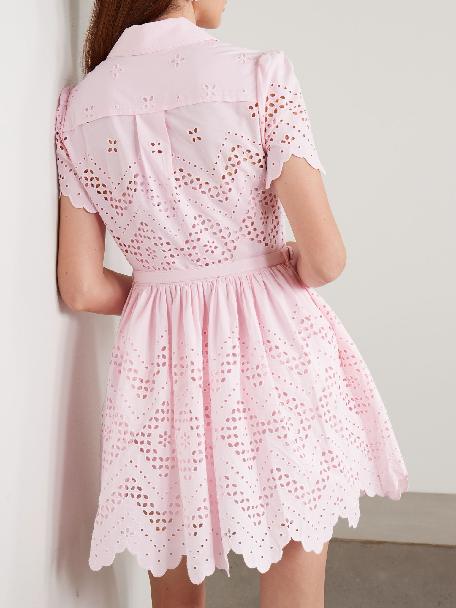 Scalloped broderie anglaise cotton mini shirt dress Pink - 3
