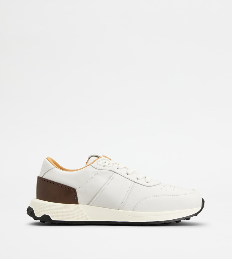 SNEAKERS IN LEATHER AND TECHNICAL FABRIC - WHITE, BROWN 1