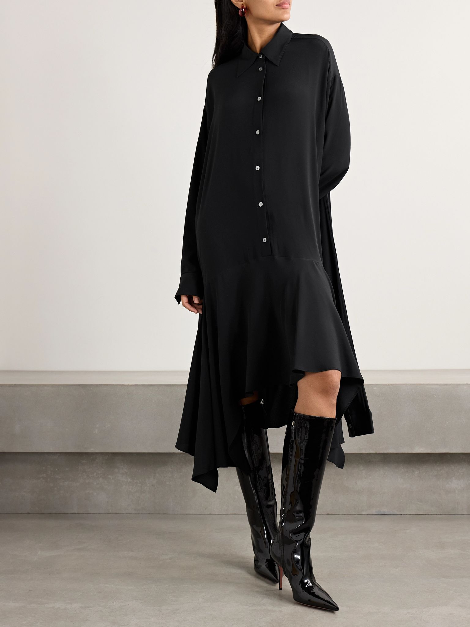 Convertible asymmetric belted crepe de chine midi shirt dress Black - 3