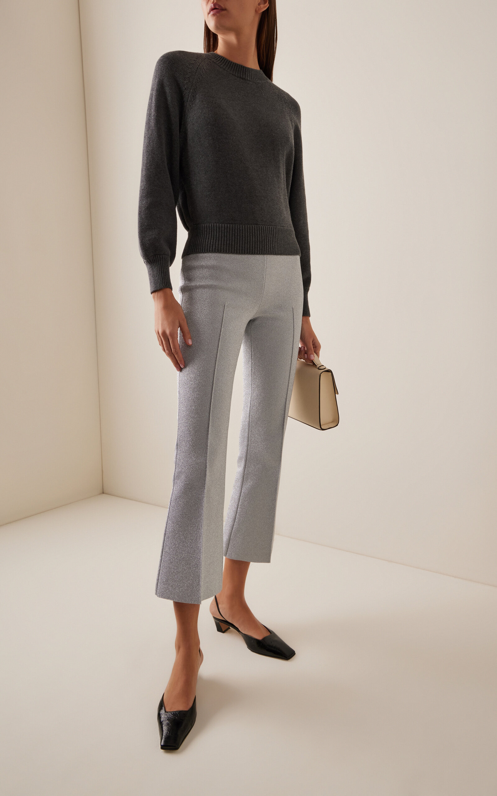 Exclusive Kick Metallic Cotton Knit Cropped Flared Pants silver - 2