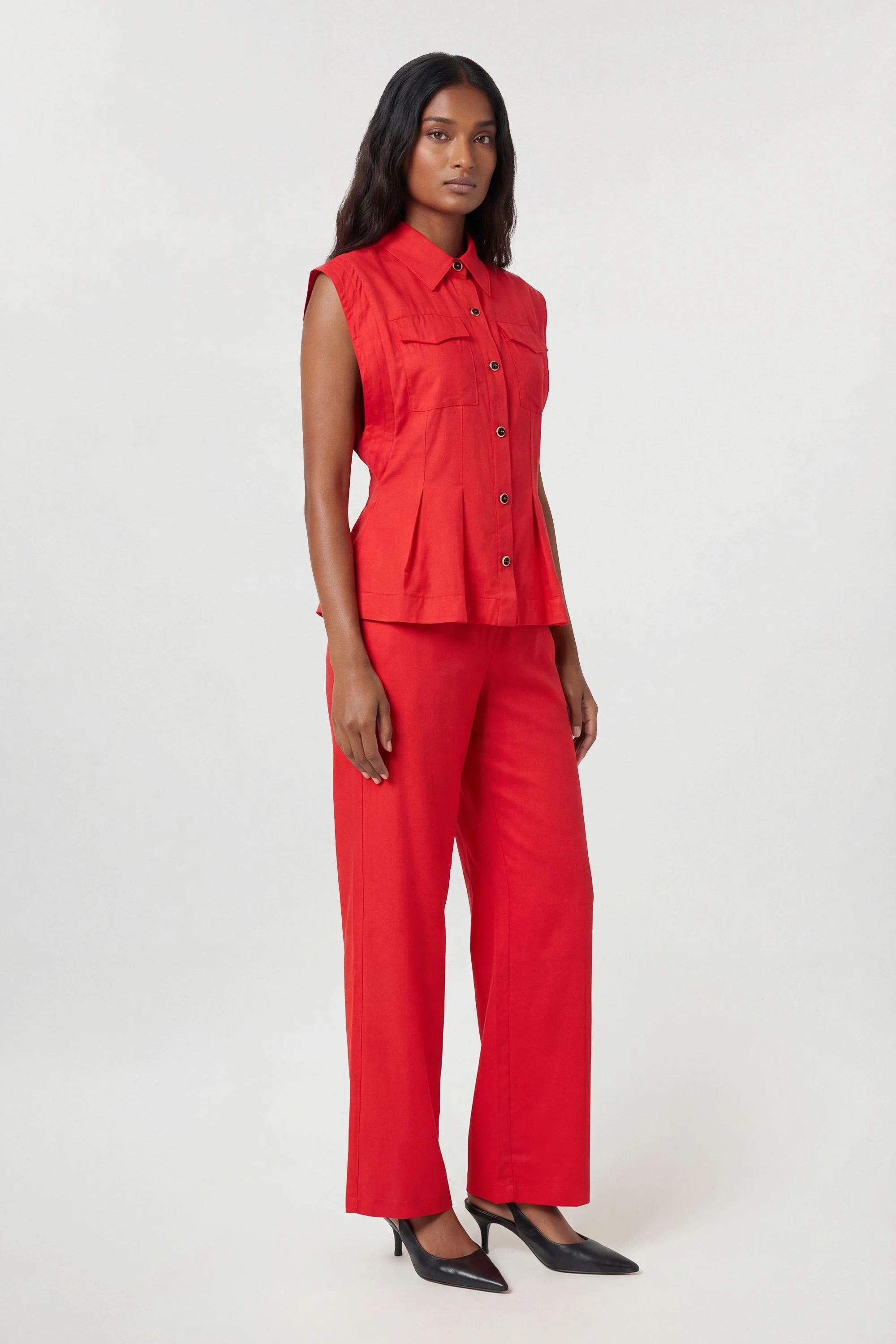 Premium Viscose Linen Topstitch Woven Blouse With Waist Seam Detail - 1