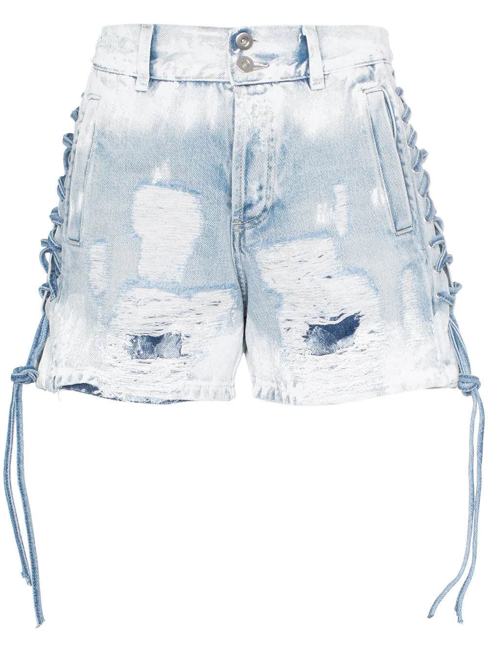 lace-up distressed denim shorts - 1