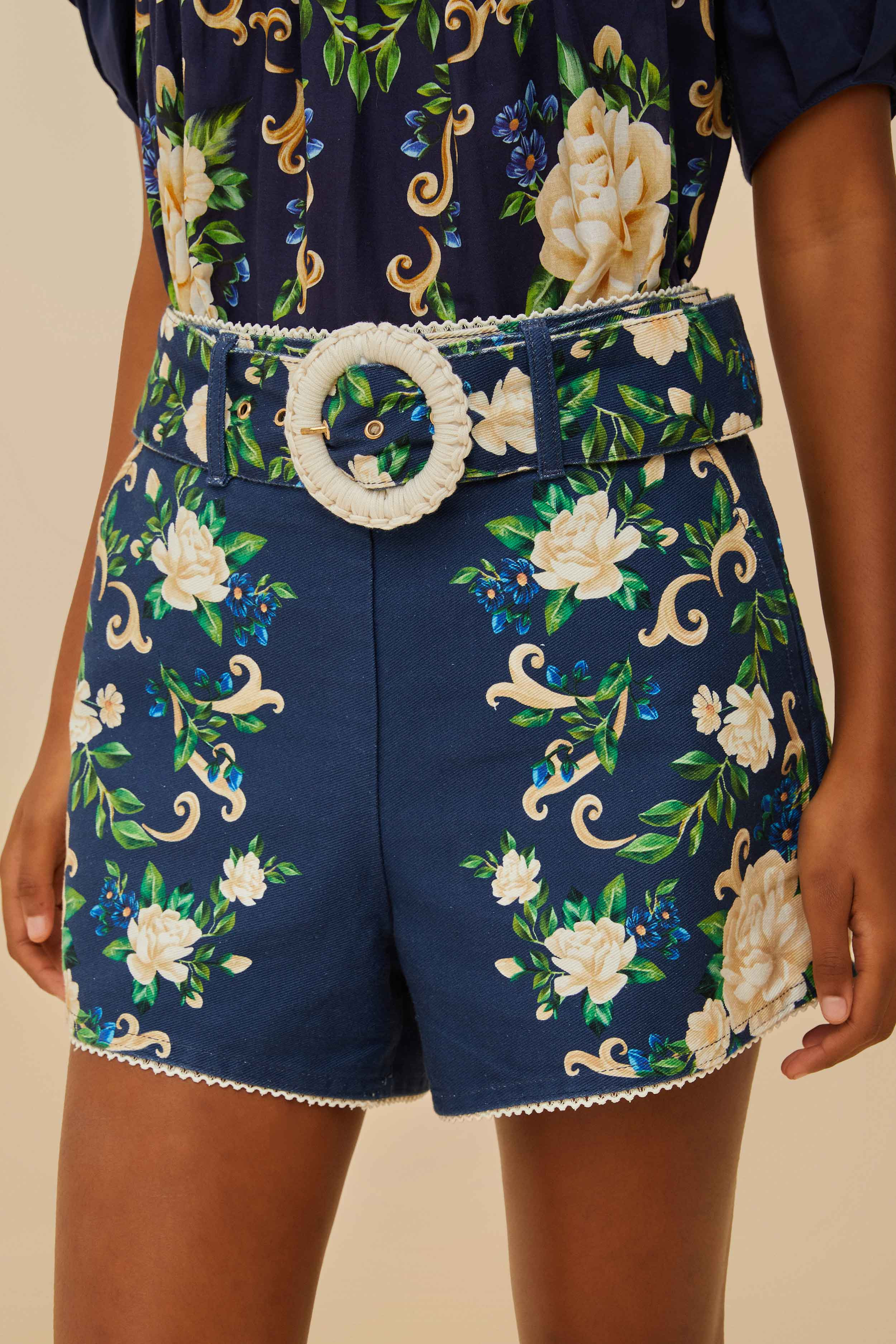 Navy Blue Flower Tapestry Shorts - 2