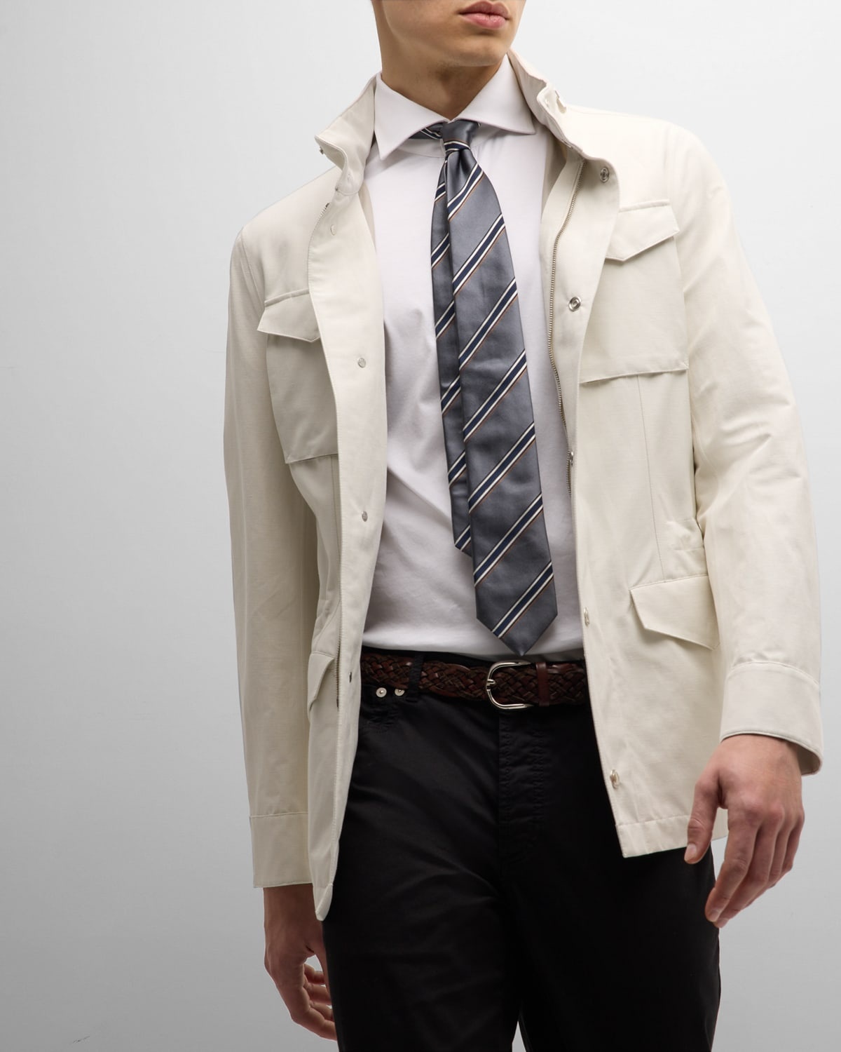 Men's Linen-Silk Concealed Zip Safari Jacket - 7