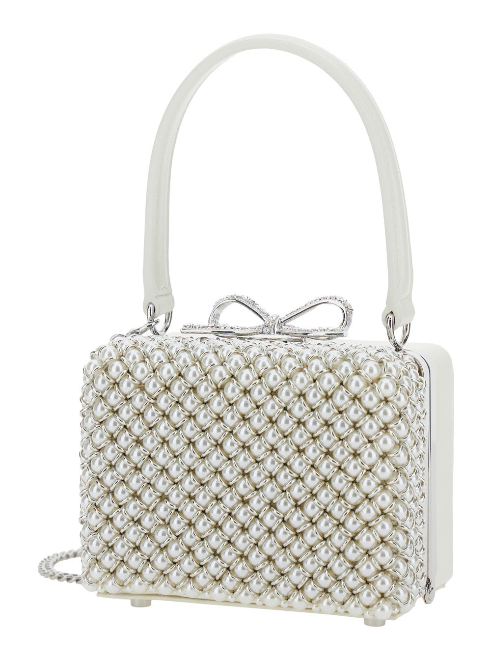 Self-Portrait Women White Handbag With Faux-Pearl Embellishments On The Front And Bow Detail In Leat - 2