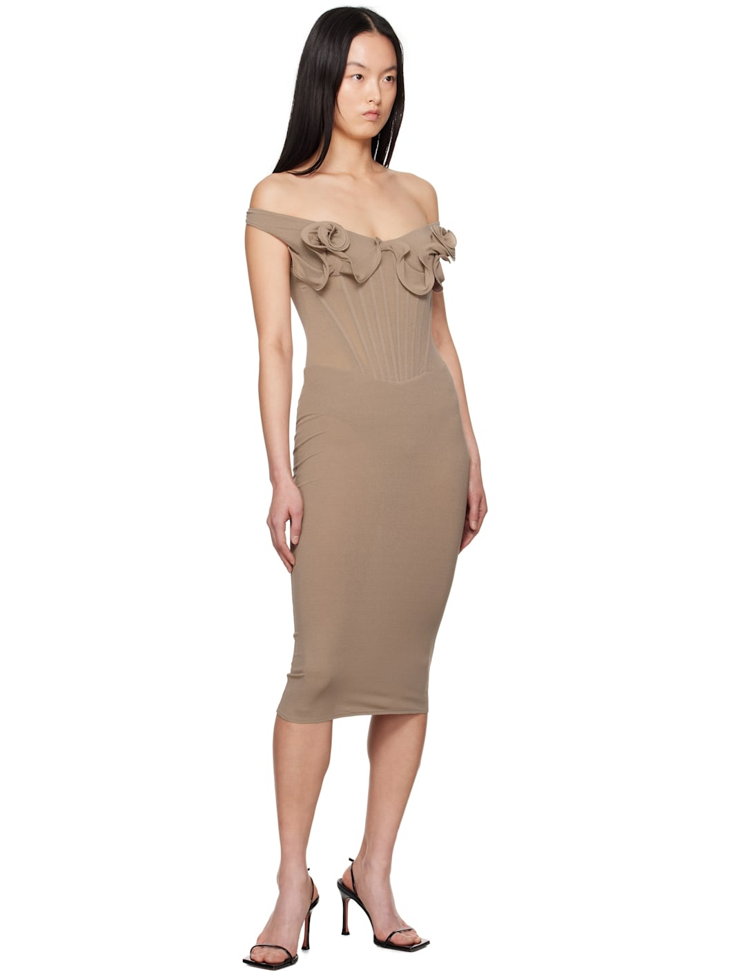 Beige Flower Bustier Midi Dress - 4
