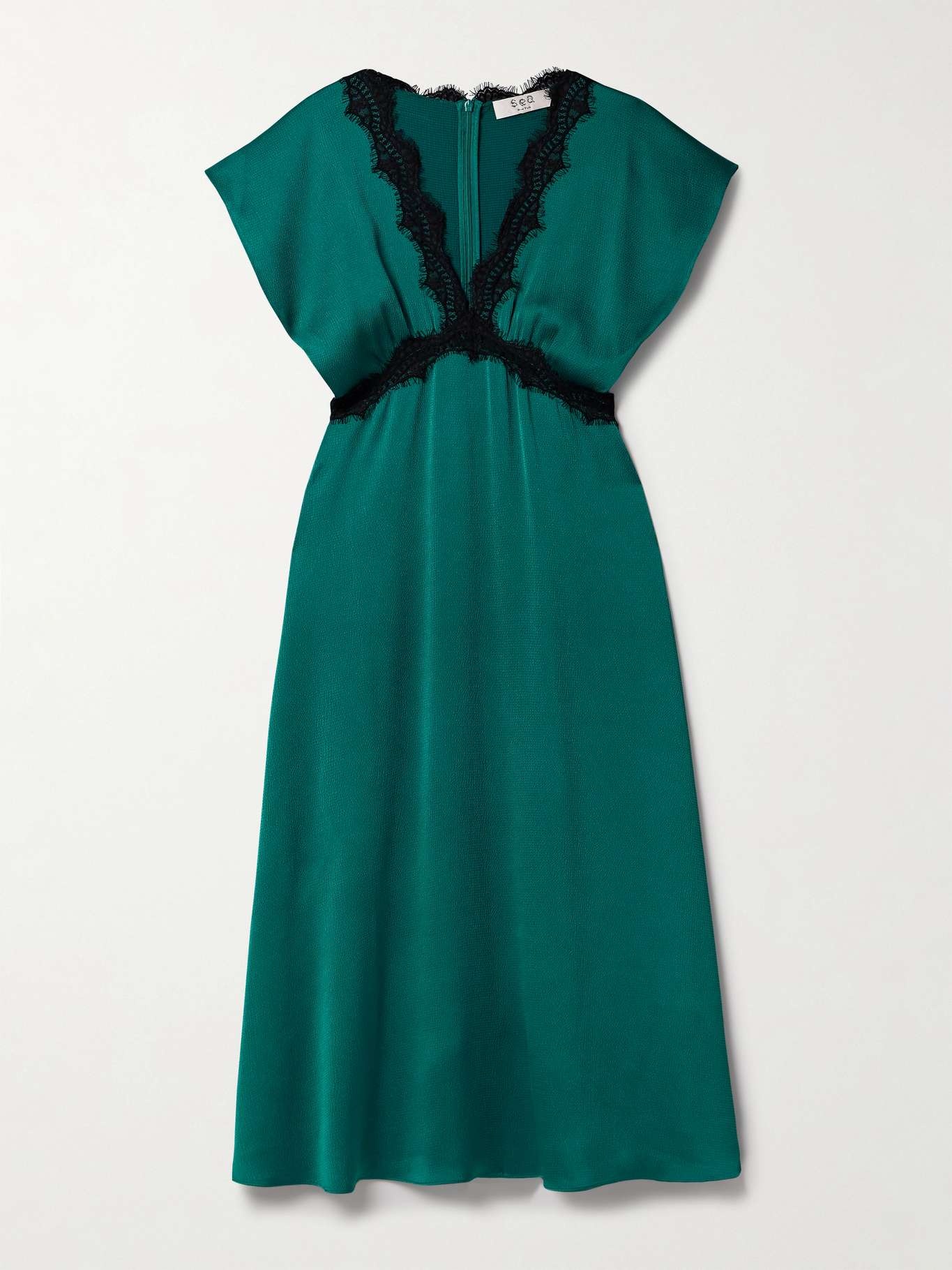 Noa lace-trimmed hammered-satin midi dress Teal - 1