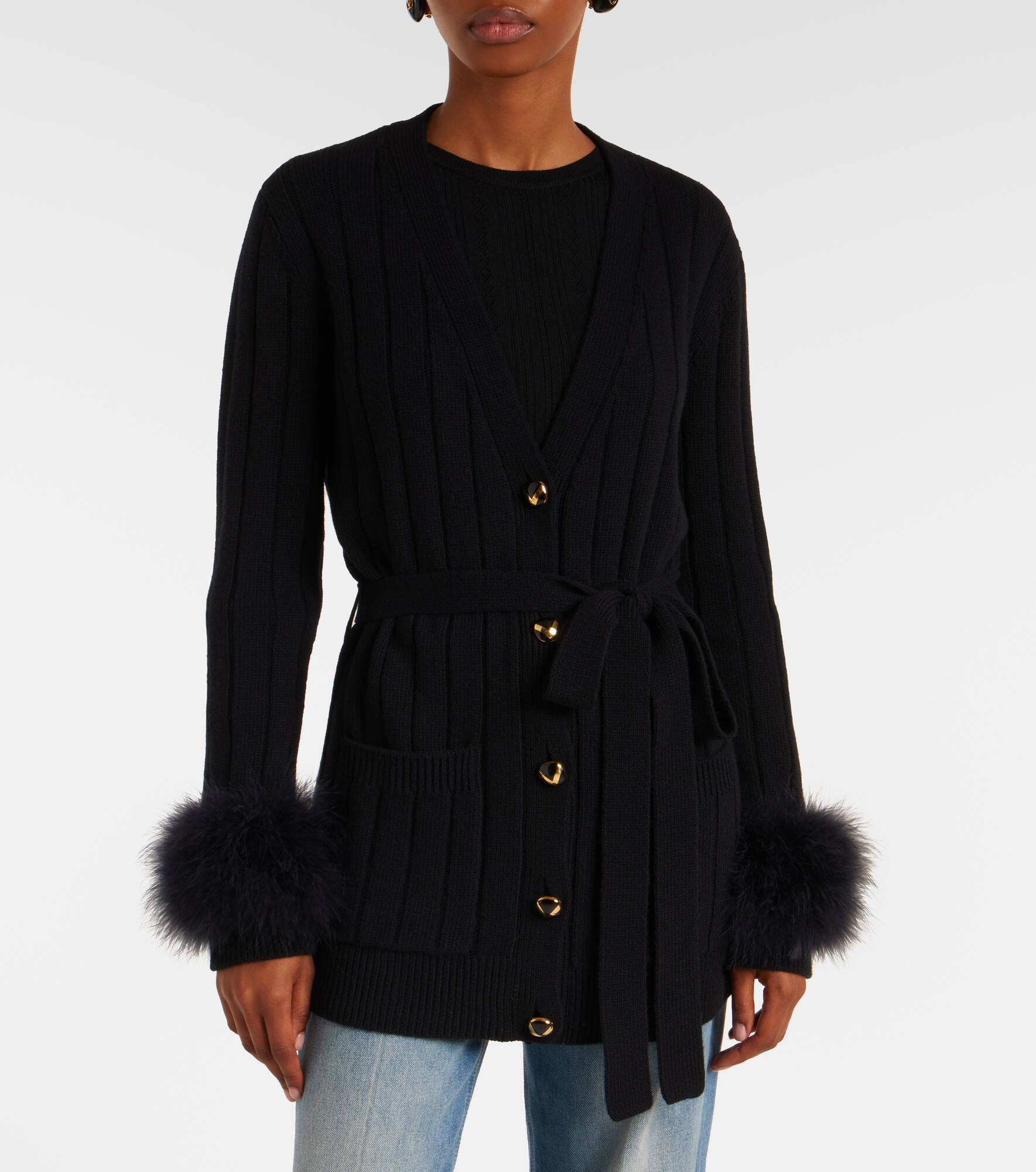 Feather-trimmed virgin wool cardigan - 6