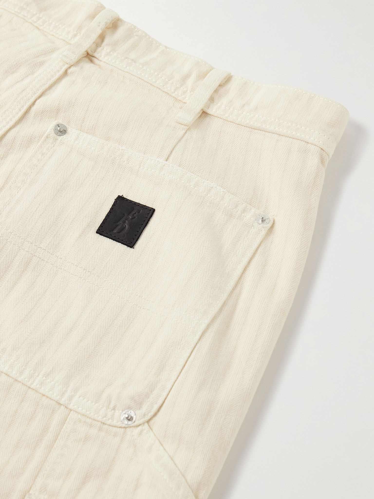 Straight-Leg Distressed Panelled Herringbone Denim Trousers Cream - 5