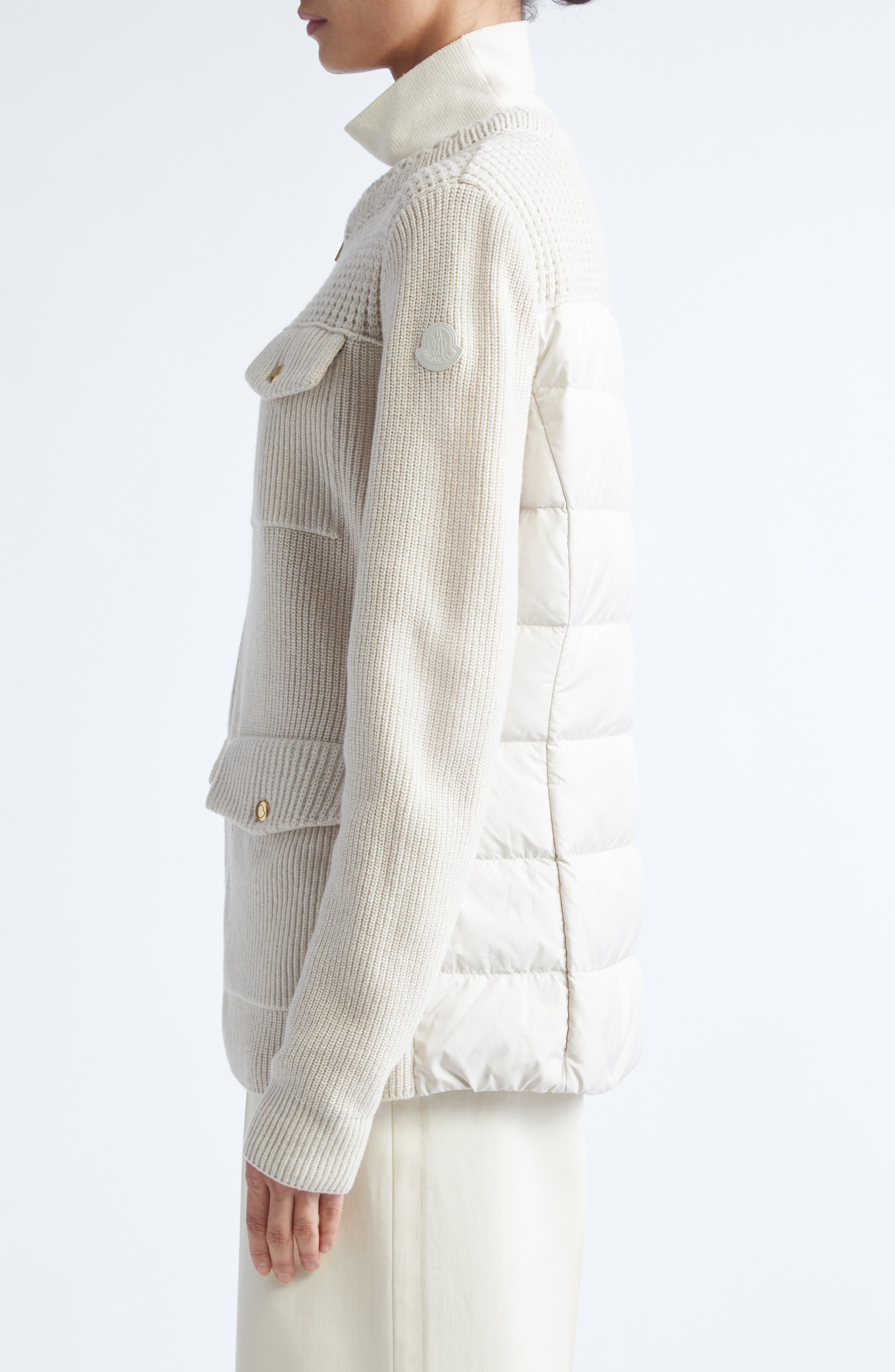 Moncler Virgin Wool Knit & Down Cardigan in Almond Milk at Nordstrom - 4