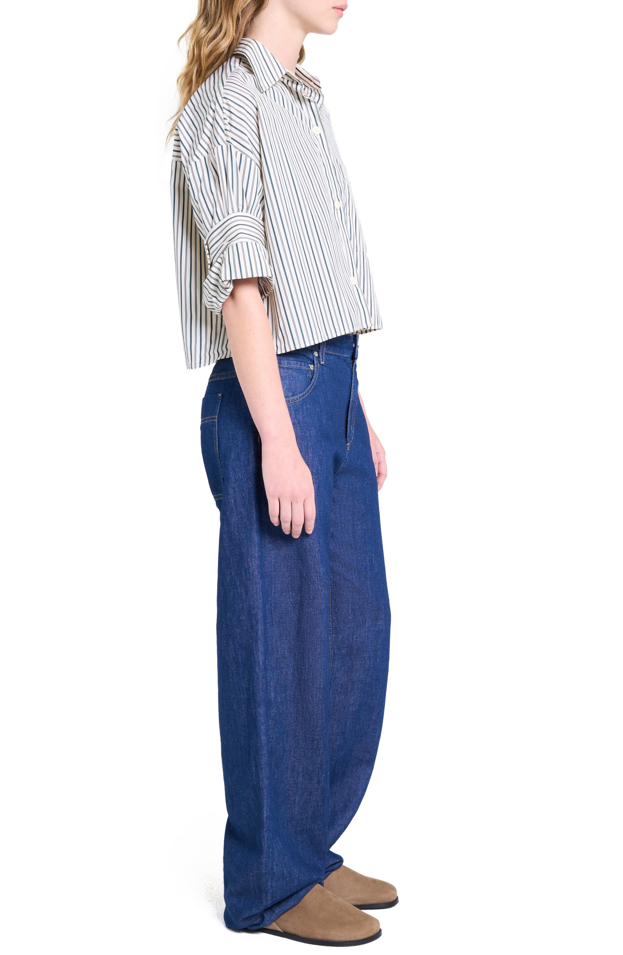 TWP Next Ex Stripe Crop Cotton Button-Up Shirt in Ivory/Cilantro at Nordstrom - 3