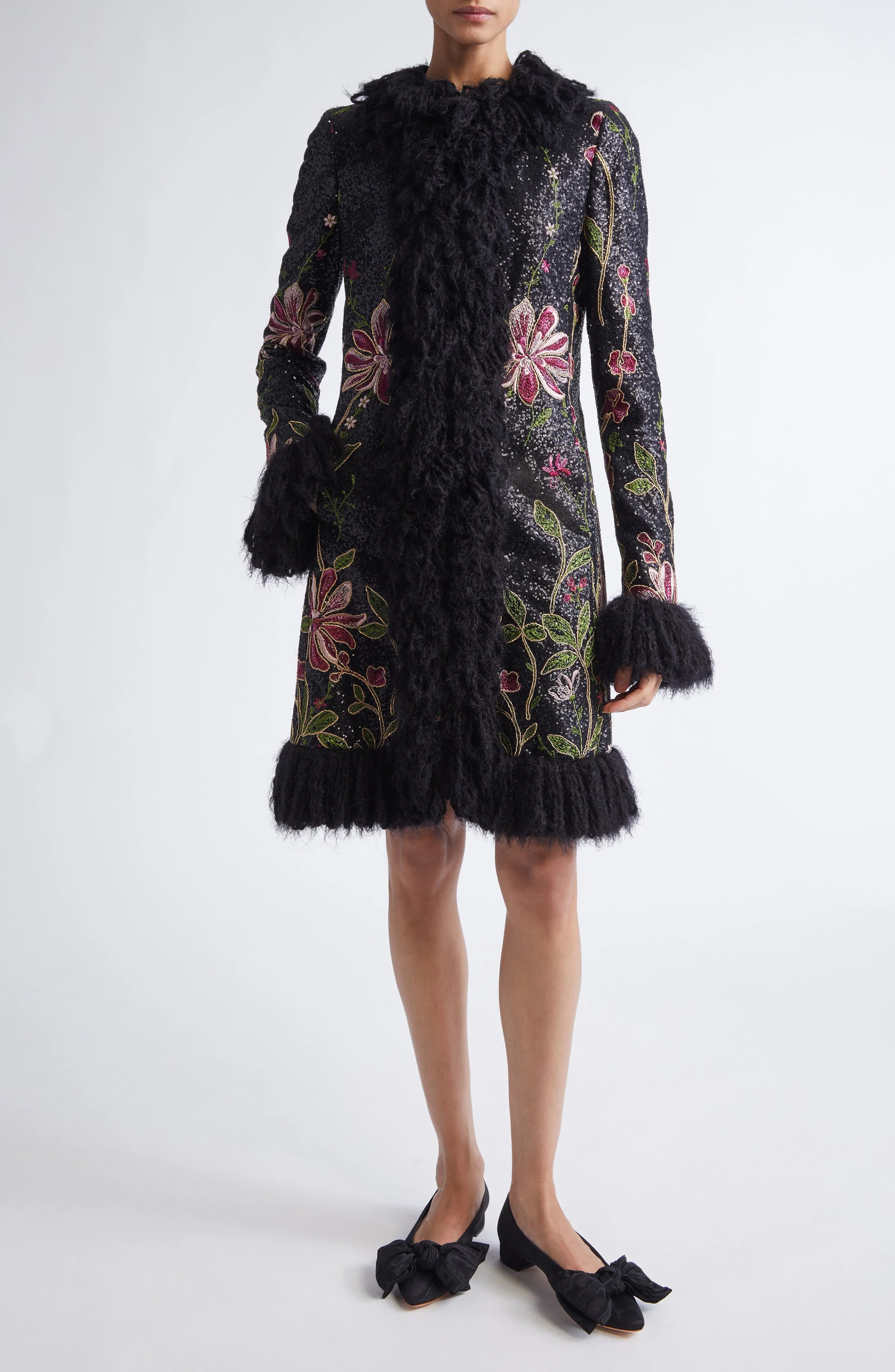 Giambattista Valli Sequin Floral Embroidered Coat with Faux Fur Trim in Black Multi at Nordstrom - 1