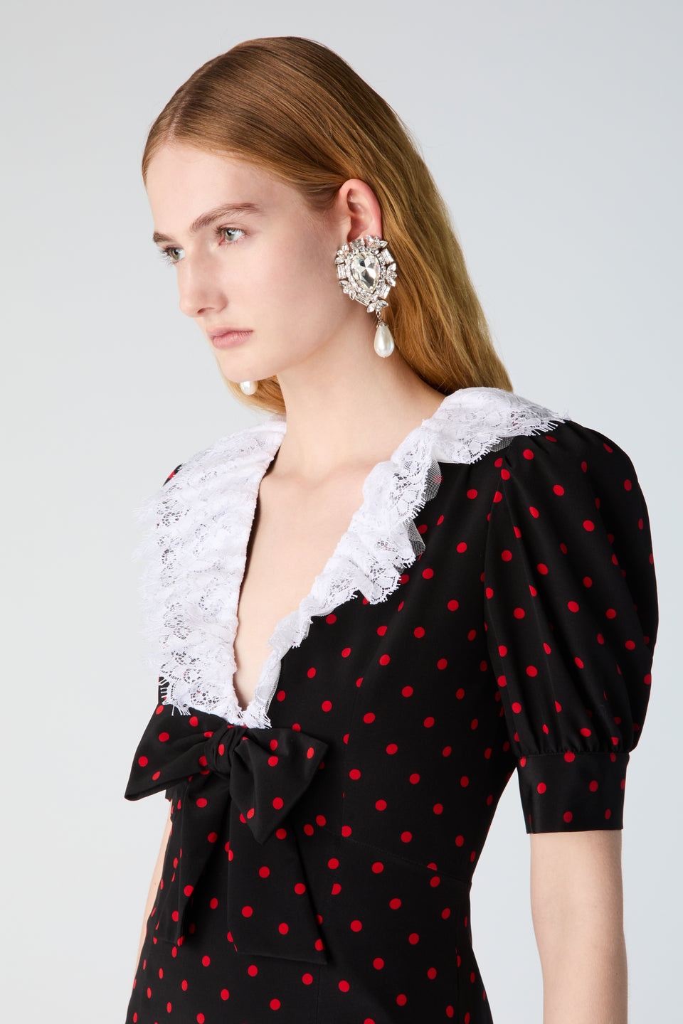 POLKA DOT PRINT SILK DRESS WITH LACE COLLAR, BOW - 6