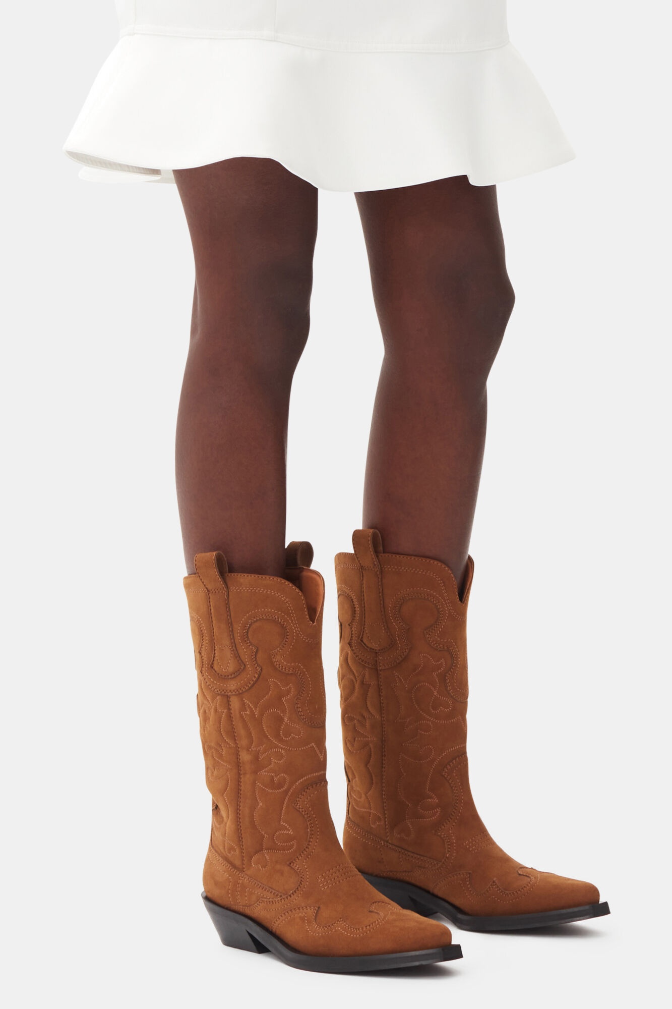 BROWN SUEDE MID SHAFT EMBROIDERED WESTERN BOOTS - 4