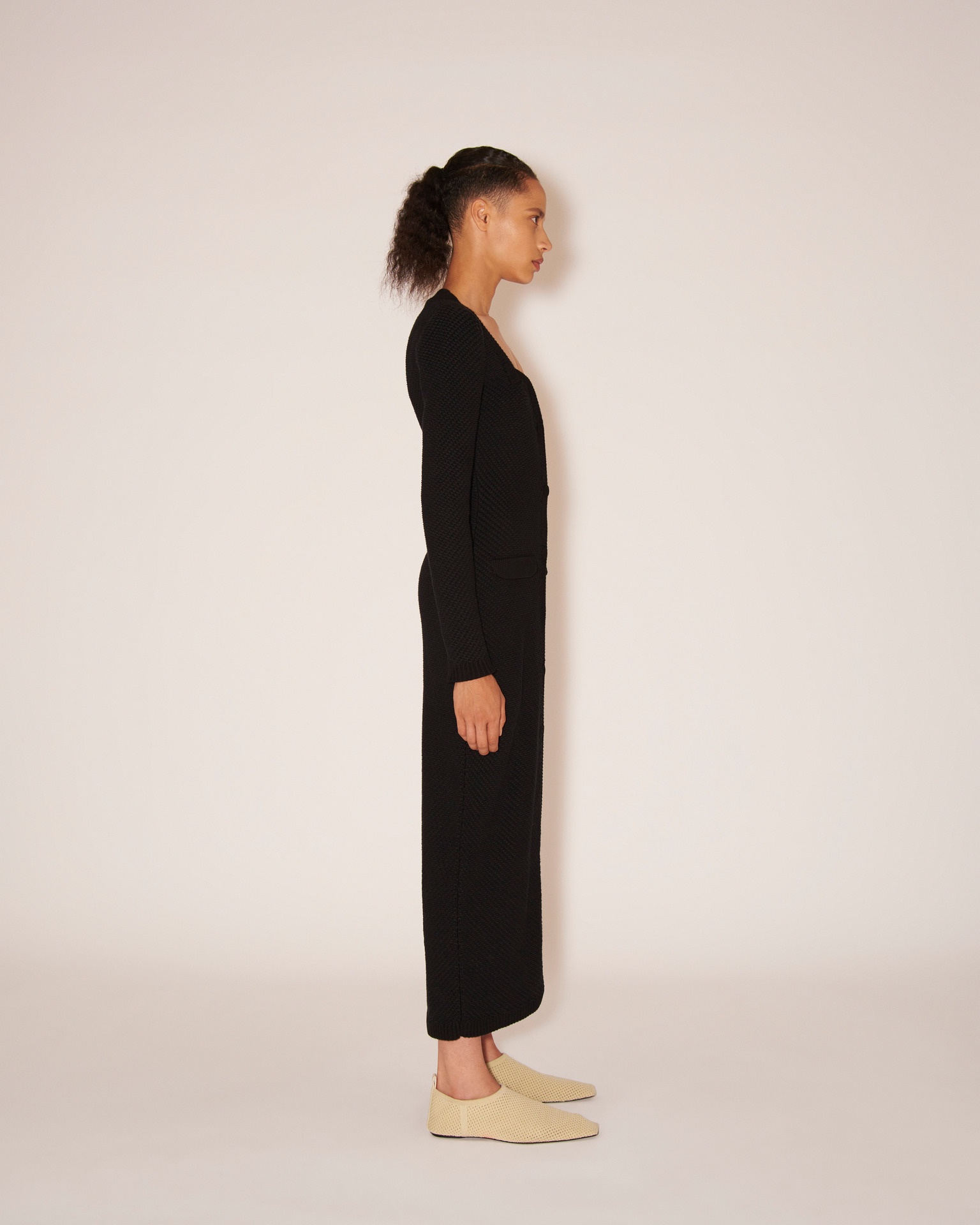 DANA - Cotton-tweed textured sweetheart neck dress - Black - 3