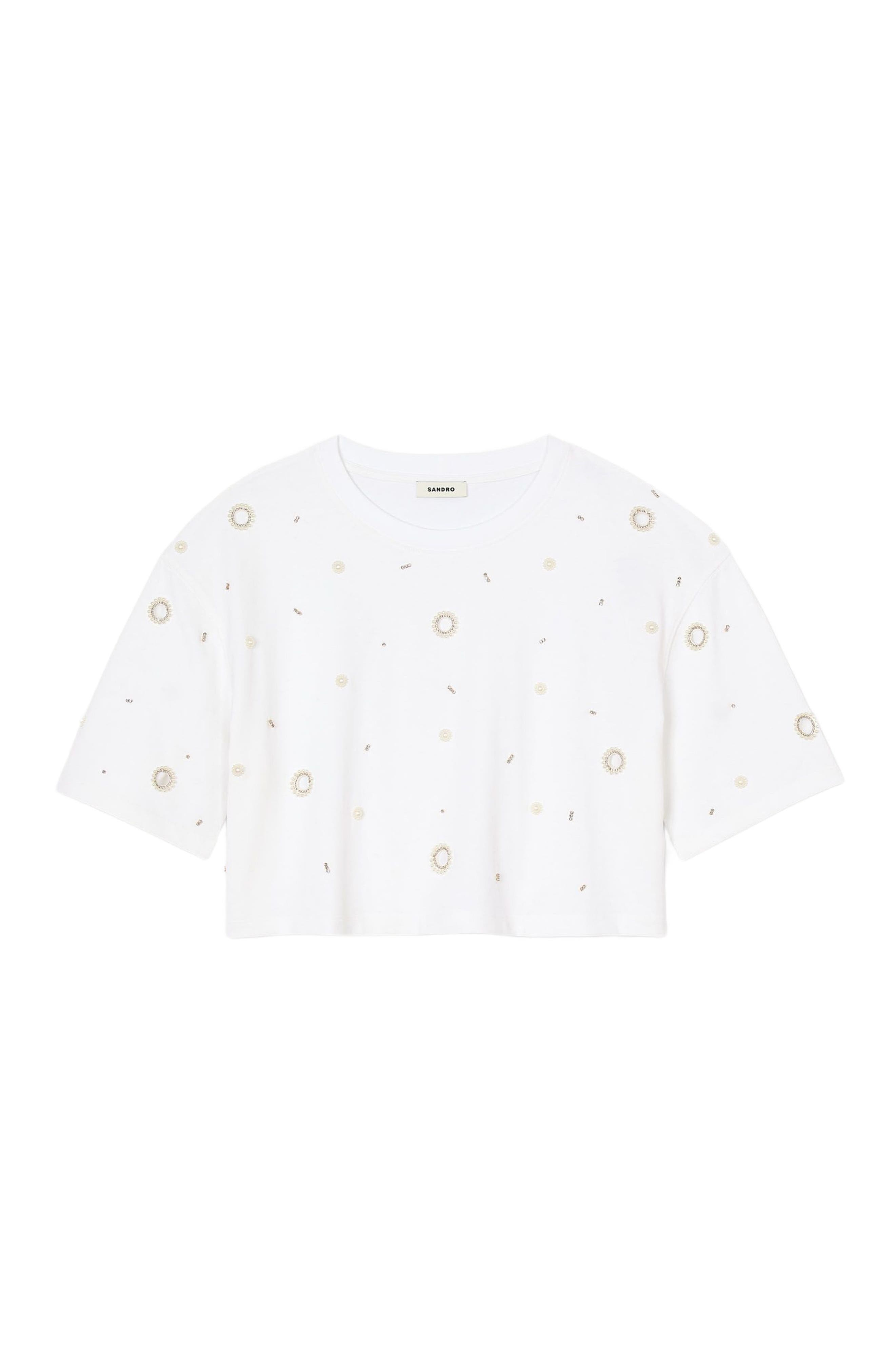 SANDRO Cropped pearl bead T-shirt in White at Nordstrom - 5