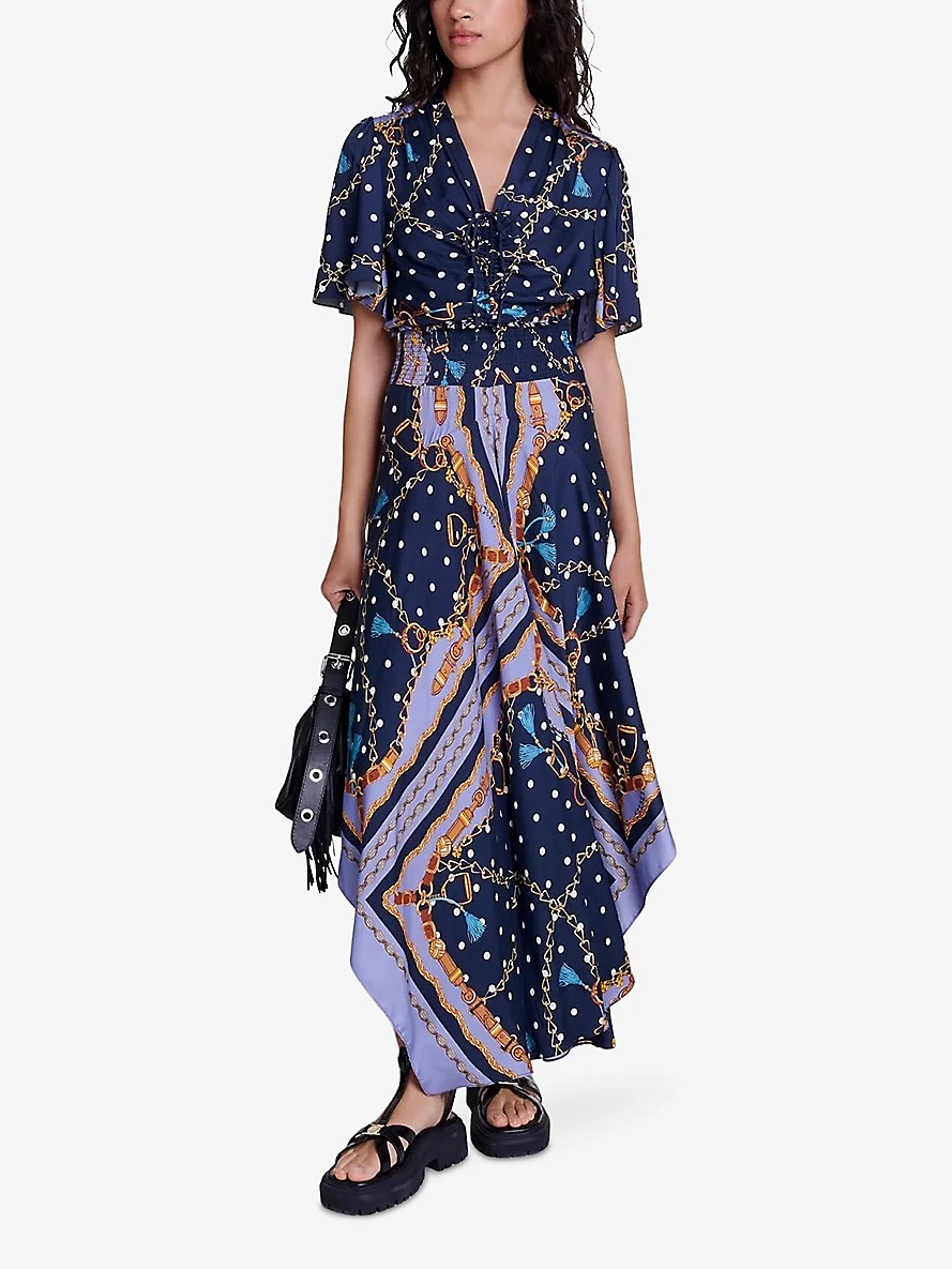 Chain-print asymmetric-hem woven maxi dress - 2