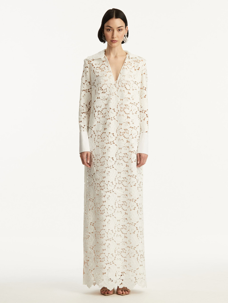 Oscar de la Renta ENGLISH ROSE GUIPURE LONG SLEEVE GOWN outlook