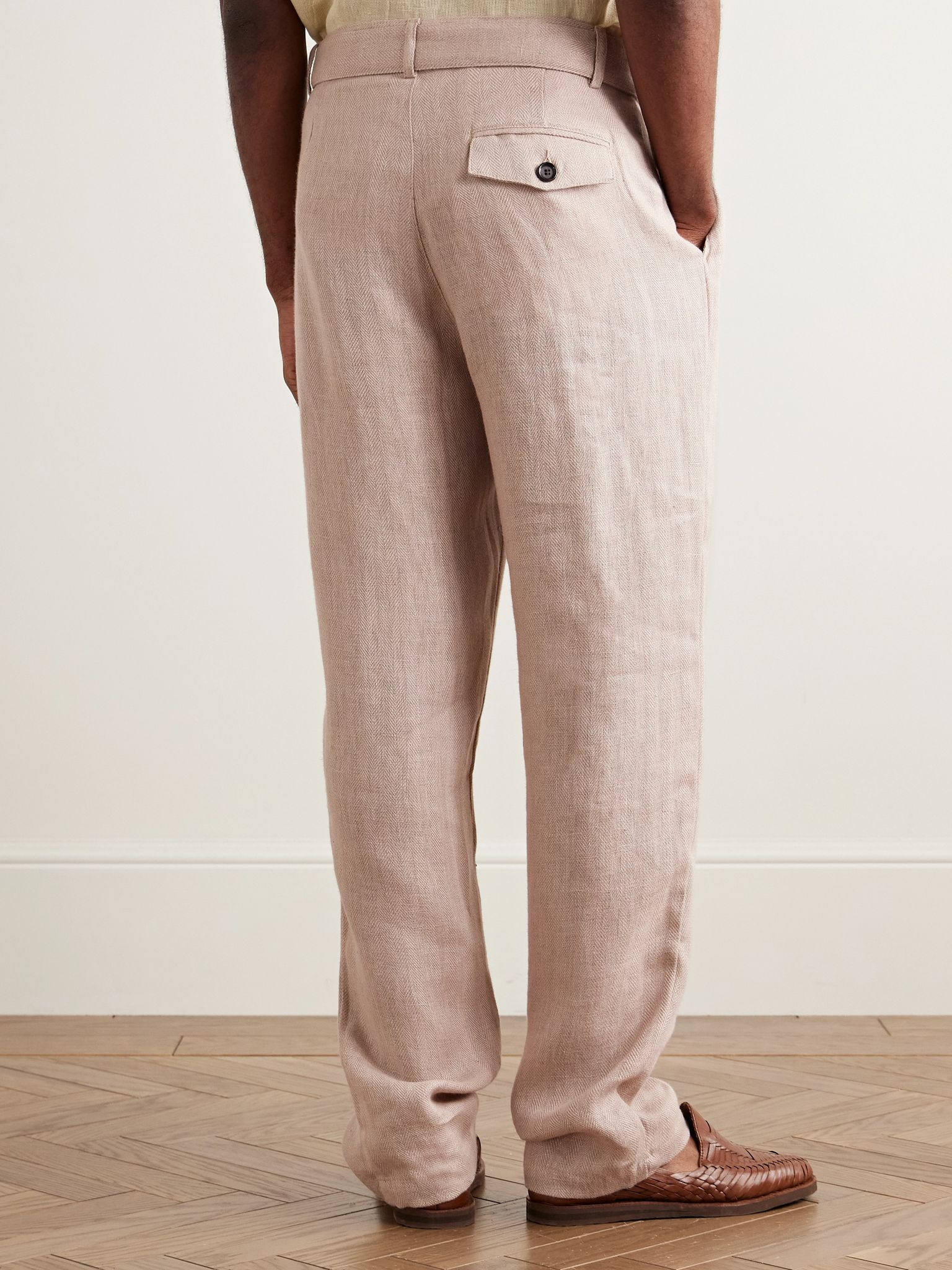 Southwell Tapered Belted Herringbone Linen Trousers Pink - 4