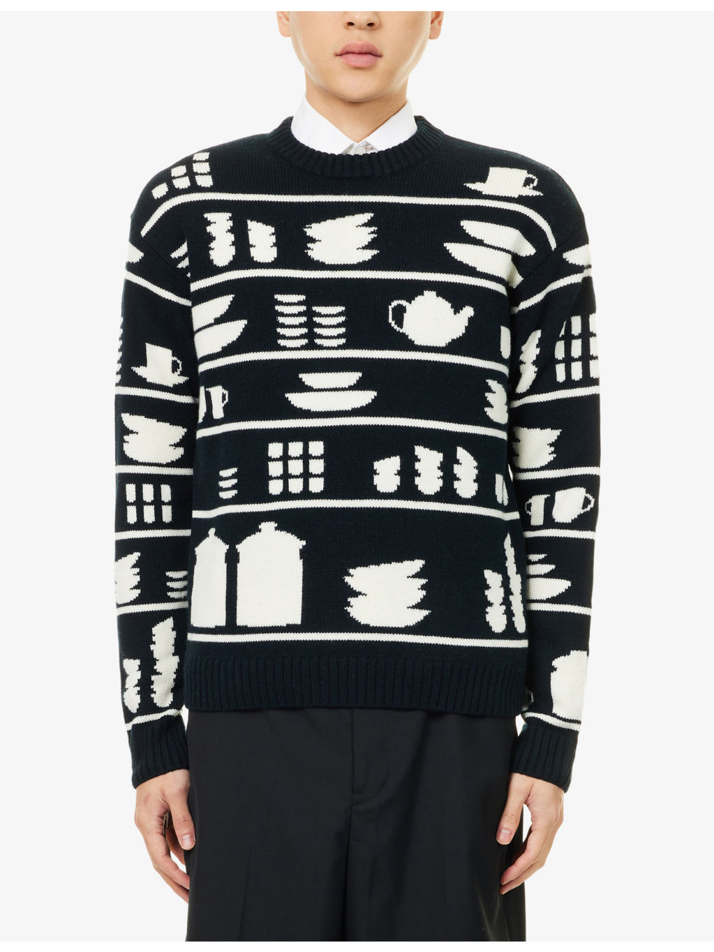 Crockery-Pattern Crewneck Knitted Wool Jumper - 3