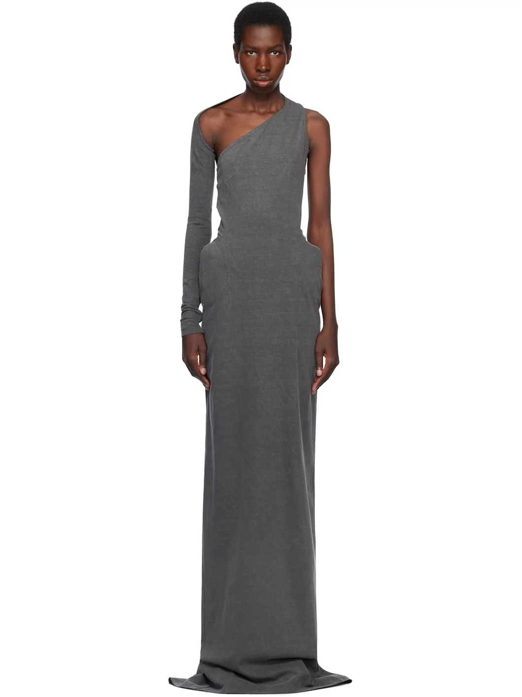 Gray Asymmetric Darted Slim Maxi Dress - 1