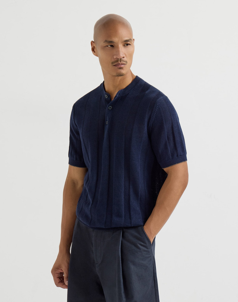 Linen and cotton textured rib knit T-shirt with Henley collar 2