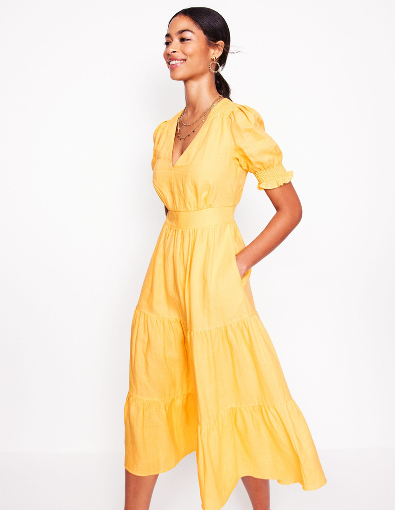 Anna Linen Tiered Midi Dress-Buttermilk Yellow 6