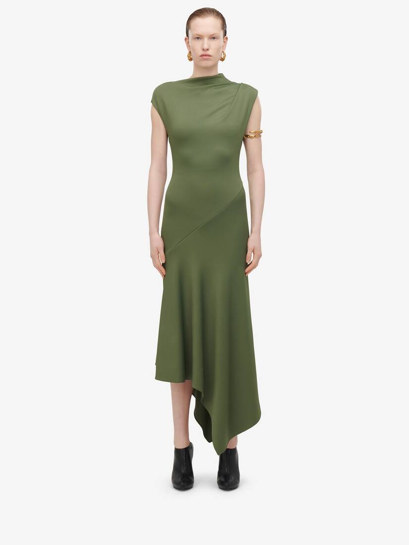Women's Asymmetric Midi Dress in Khaki - 1
