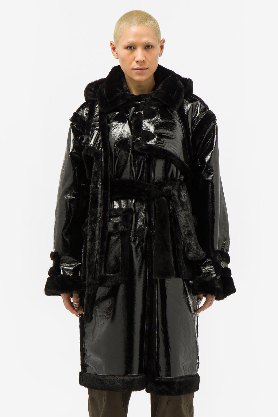 Faux Shearling Wrap Coat in Black - 1