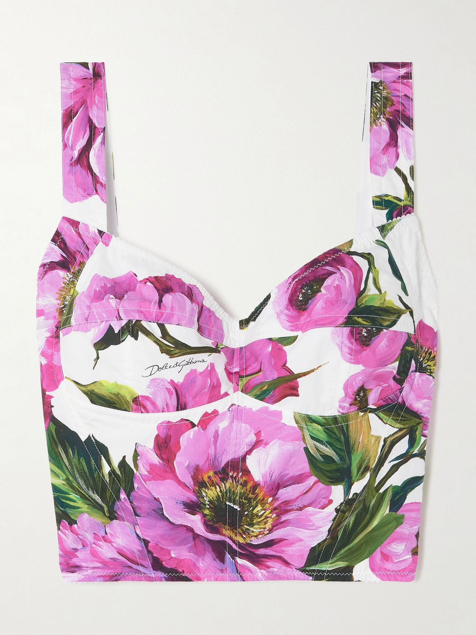 Cropped floral-print cotton-blend bustier top Pink - 1