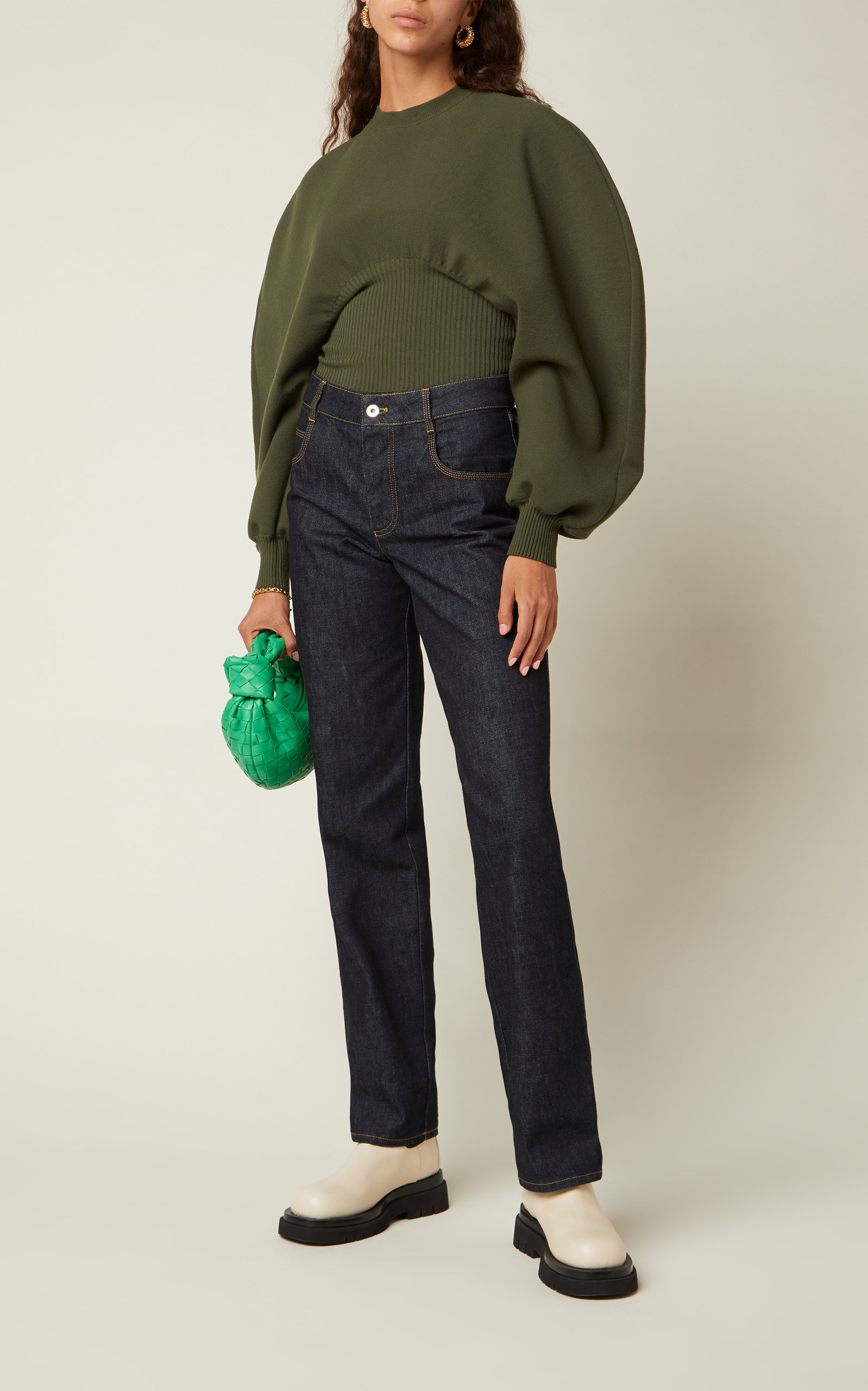 Ribbed-Trim Wool Knit Sweater green - 2
